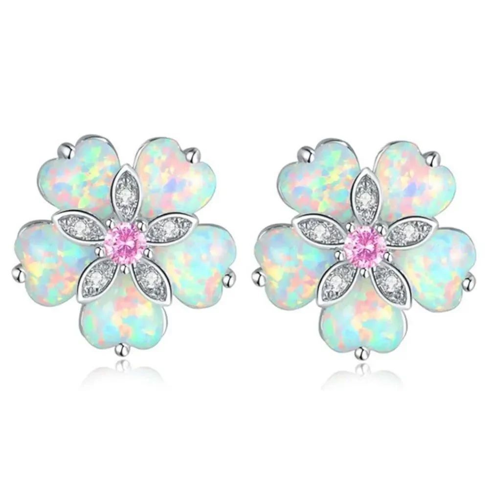 925 Sterling Silver with White Fire Opals and Pink Topaz Flower Stud Earrings